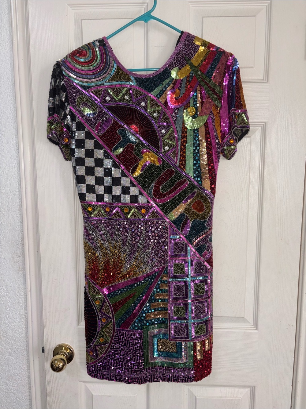 Vtg 80s 90s Abstract Colorful Silk Beaded Sequin Party Dress Art to Wear Sz M ?
